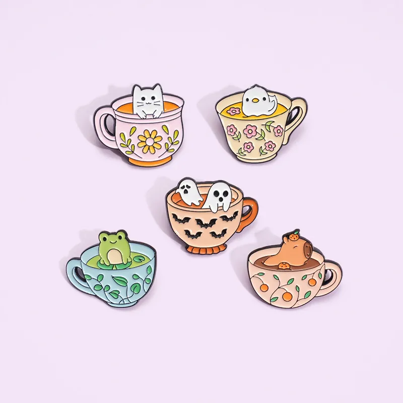 Cute Cartoon Animal Coffee Cup Enamel Pin Badge Alloy Capybara Frog Cat Chick Ghost Brooch For Backpack Clothing Jacket Accessory