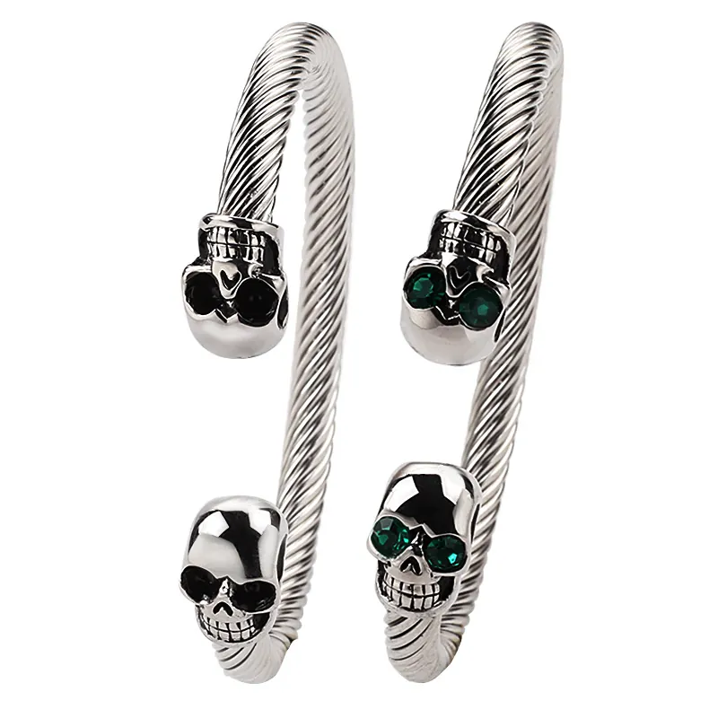 Stainless Steel Twisted Cable Open Cuff Bracelet Skull Fist Punk Gothic Hip Hop Jewelry For Men Women Trendy