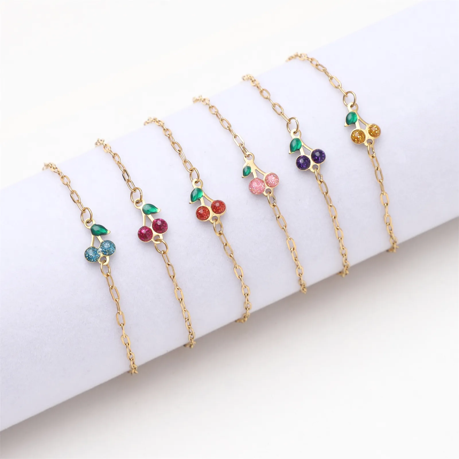 Cherry Pendant Bracelet 18K Gold Plated Titanium Steel Drip Glaze Ins Style Sweet Jewelry For Women