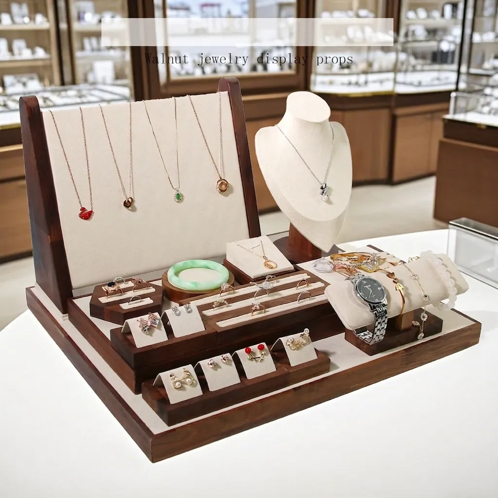Jewelry Display Stand Walnut Wood And Velvet Necklace Bust Earring Ring Bracelet Organizer Luxury Counter Rack