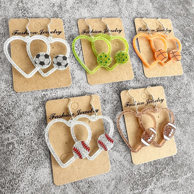 Boucles D'oreilles Pendantes Cœur Ballon De Sport Acrylique Paillettes Basket Foot Baseball Pickleball Bijoux Pour Femmes