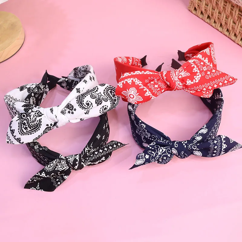 Paisley Print Bow Headband Retro Bandana Fabric Knotted Hair Band Bohemian Style Accessories For Women