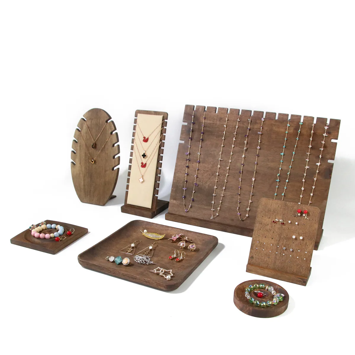 Retro Solid Wood Jewelry Display Holder Walnut Brown Organizer For Necklace Earring Bracelet And Ring Tray Home Showcase