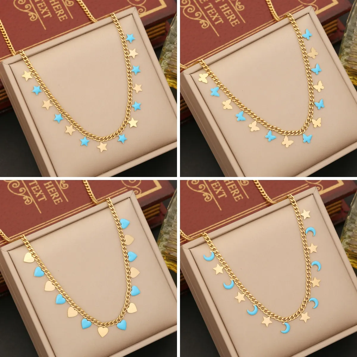 Edelstahl Halskette Vergoldet Blau Emaille Herz Stern Mond Schmetterling Anhänger Schlüsselbein Kette Mode Schmuck Damen