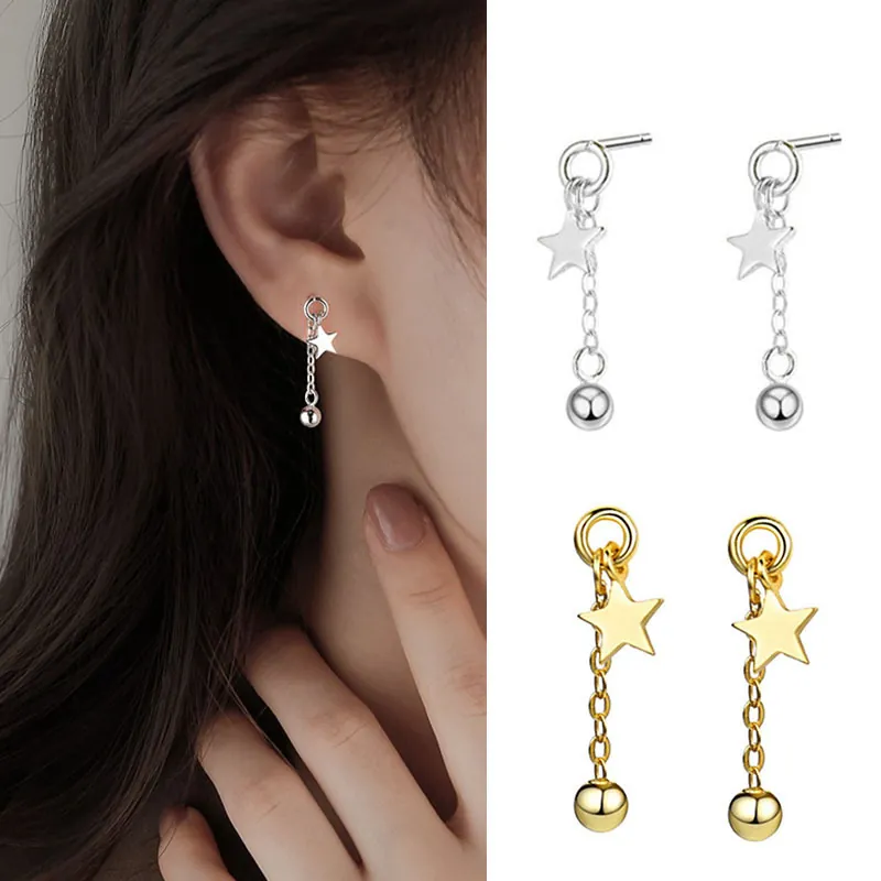Titanium Steel Star Tassel Dangle Earrings For Women Minimalist Long Chain Bead Stud Earrings Fashion Jewelry Gift