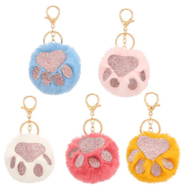 Plüsch Katzenpfote Bommel Schlüsselanhänger Kunstfell Glitzer Pailletten Tierpfote Anhänger Handtaschen Charme Gold Metallring Süß