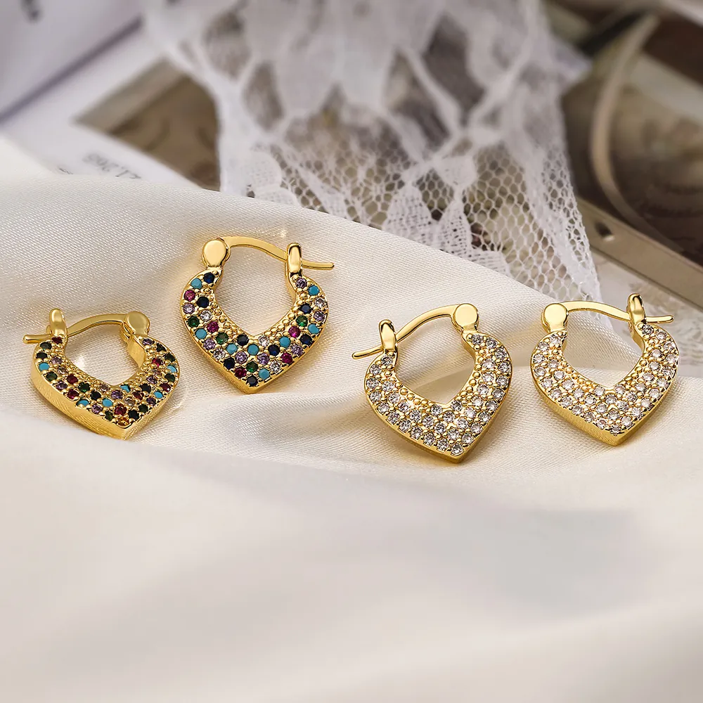 Heart Shaped Hoop Earrings Gold Plated Copper Colorful White Cubic Zirconia Huggie Dainty Fashion Jewelry For Women