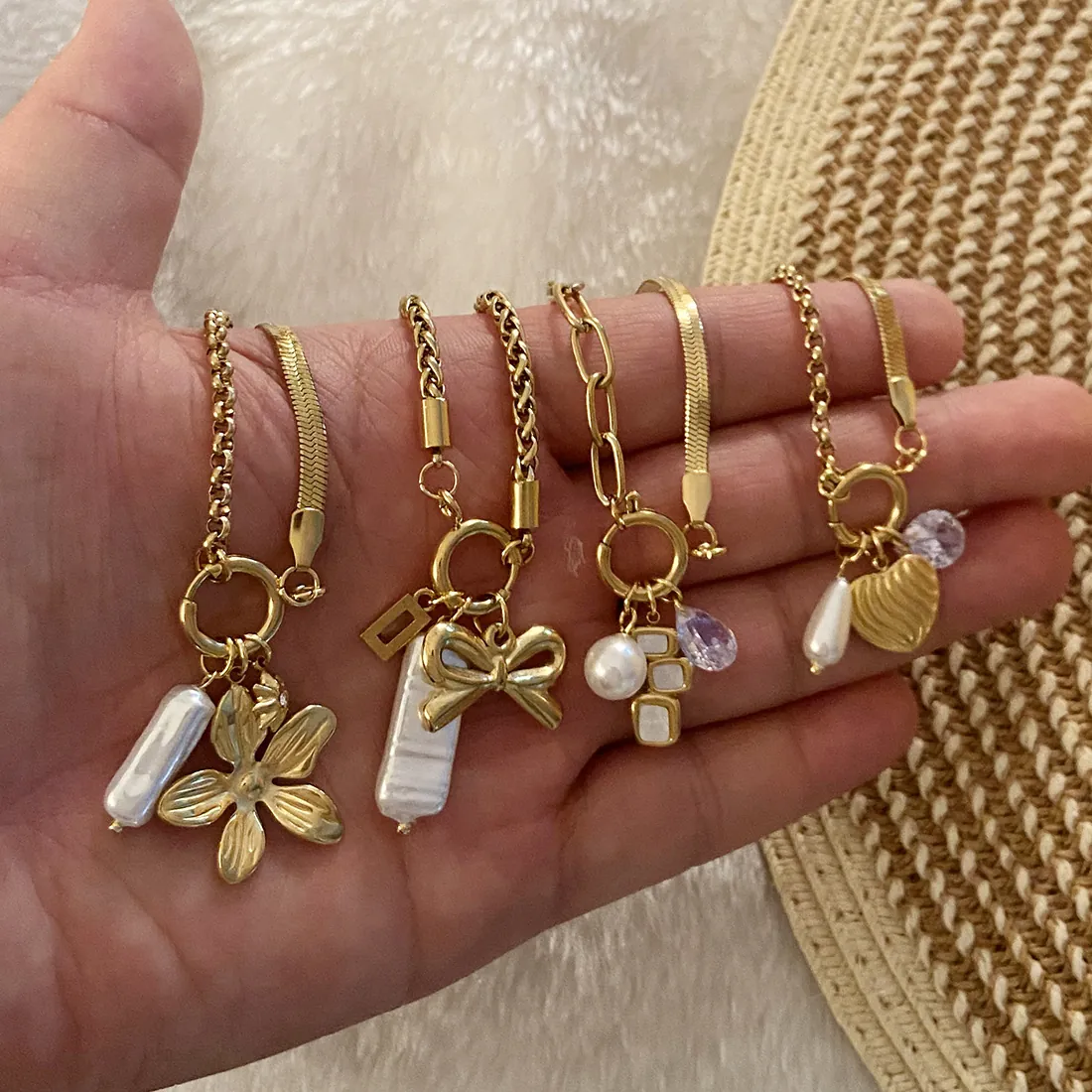 Bracciale In Acciaio Inossidabile Con Ciondoli Cuore Fiocco Perla Artificial Cristallo Gioielli Eleganti Per Donne