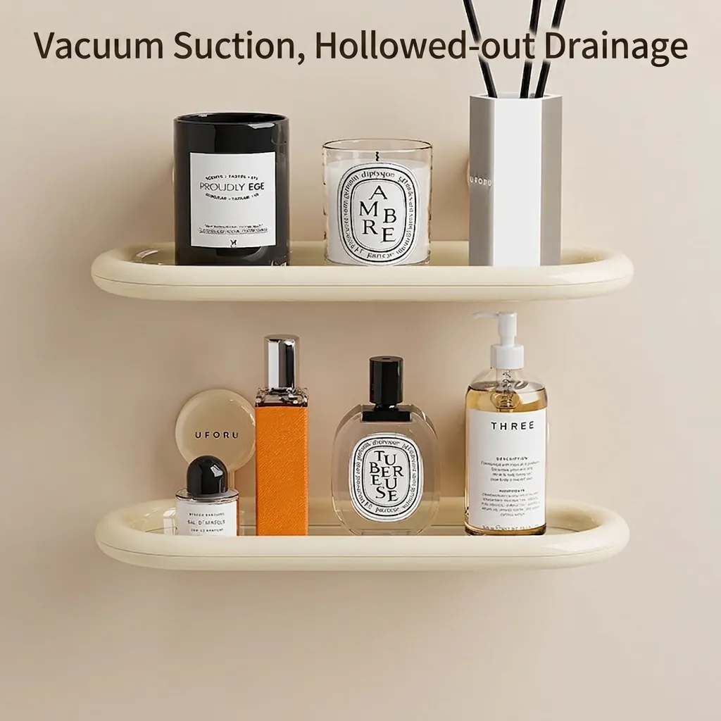 Scaffale Da Bagno Con Ventosa Plastica ABS PET Senza Foratura Montaggio A Parete Drenaggio Rack Di Stoccaggio Ovale