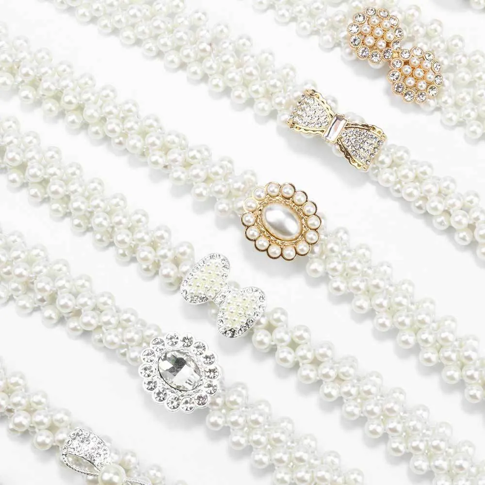 Women Elastic Waist Belt Faux Artificial Pearl Rhinestone Decorative Buckle For Dresses Fashion Accessory Elegant Corset Belt