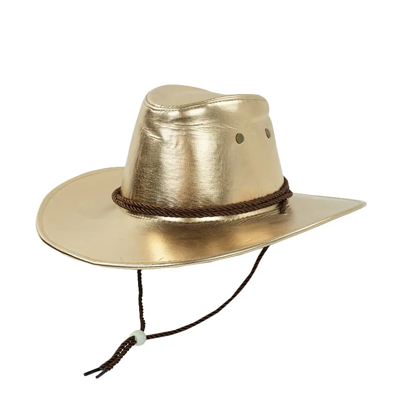 Metallic Gold Cowboy Hat Western Style PU Leather With Adjustable Windproof Rope Braided Trim For Party Costume Performance