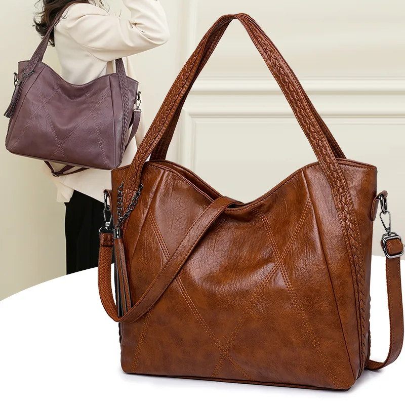 Women Large Capacity Tote Bag PU Leather Shoulder Crossbody Handbag Tassel Decor Braided Handle Vintage Casual