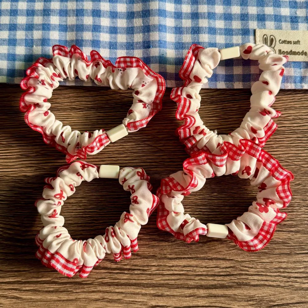Sweet Red Plaid Scrunchies Fabric Lace Ruffle Bear Heart Pattern High Elastic Hair Ties Ponytail Holder For Women Girls