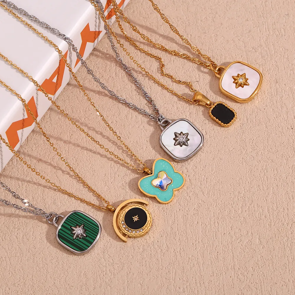 Fashion Stainless Steel Pendant Necklace For Women Heart Square Butterfly Star Shell Enamel Rhinestone Plated Jewelry
