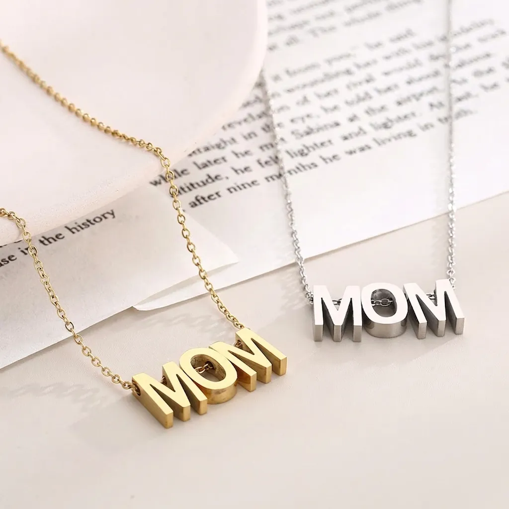 Collier Pendentif MOM En Acier Inoxydable Boucles D'oreilles Bracelet Poli Miroir Cadeau Fête Des Mères Bijoux Mode Femmes