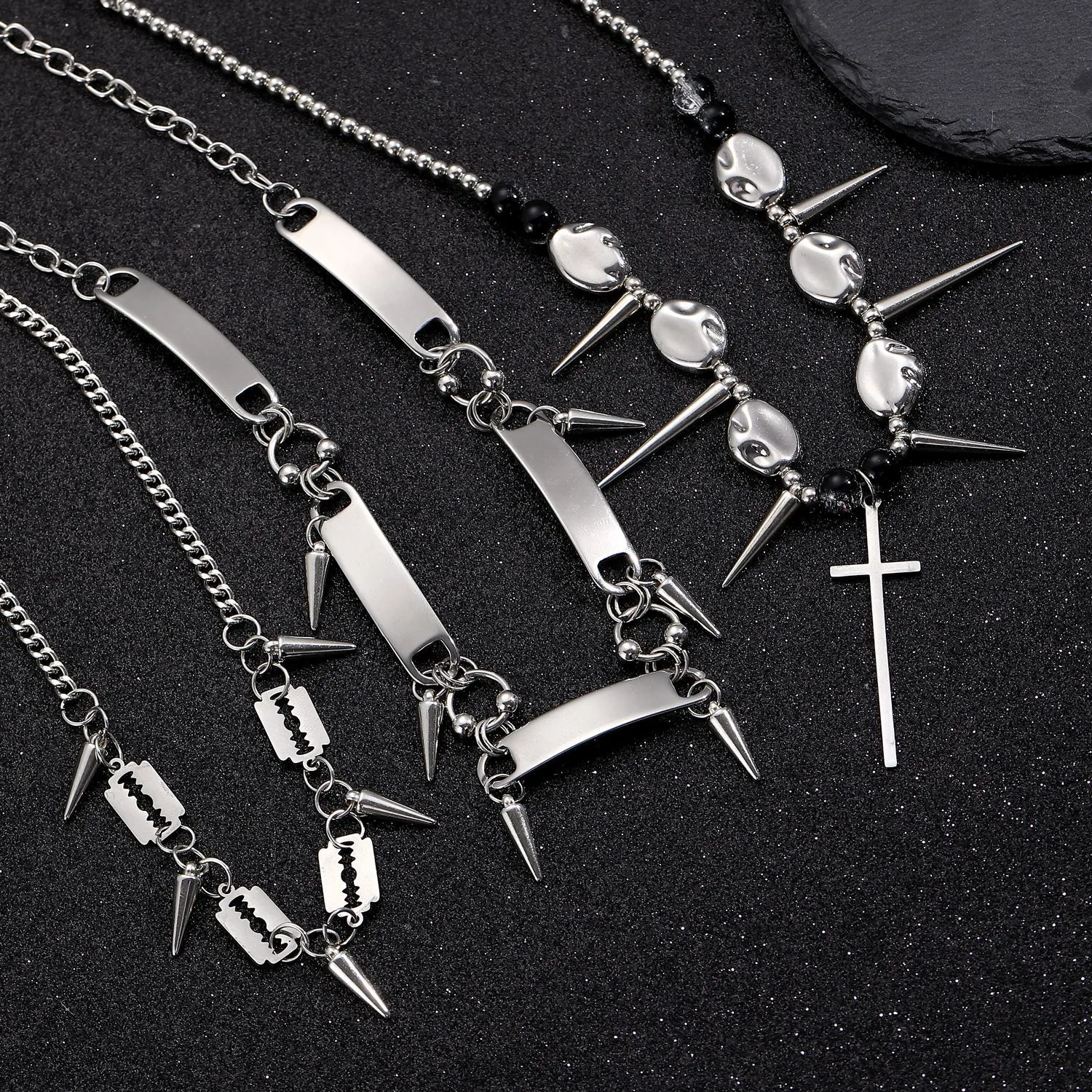 Gothic Punk Necklace Stainless Steel Alloy Cross Blade Spike Pendant Hip Hop Rock Jewelry Accessory For Men Women