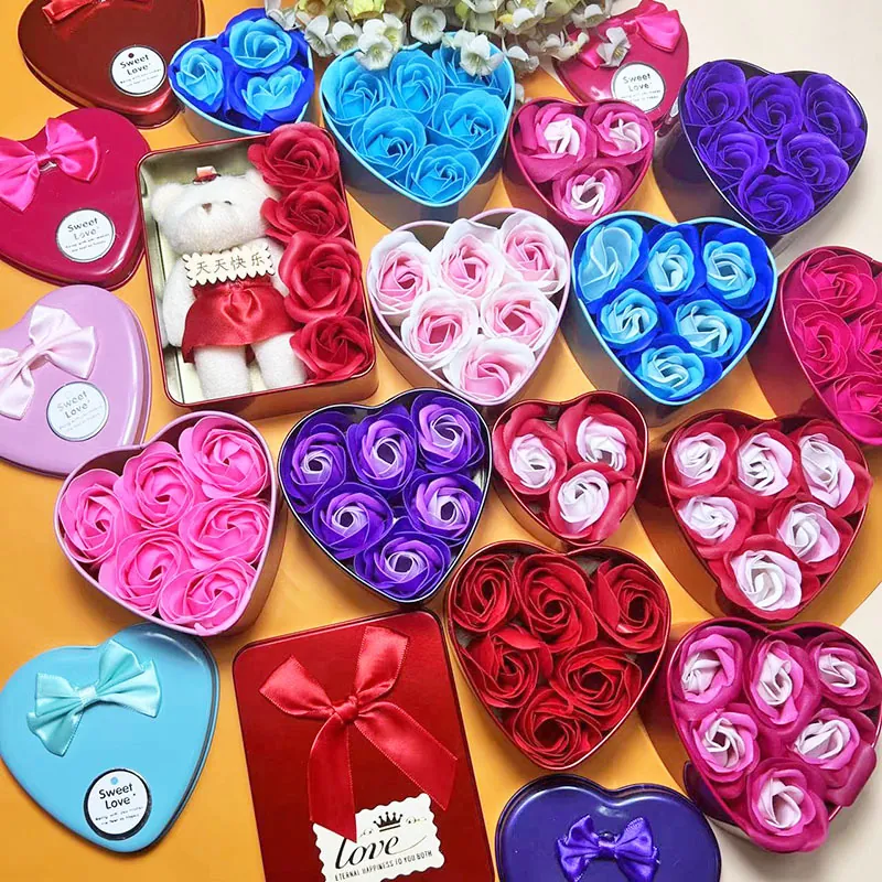 Soap Rose Flower Heart Shaped Tin Box Handmade Decorative Floral Gift For Mother Valentine Wedding Birthday Anniversary