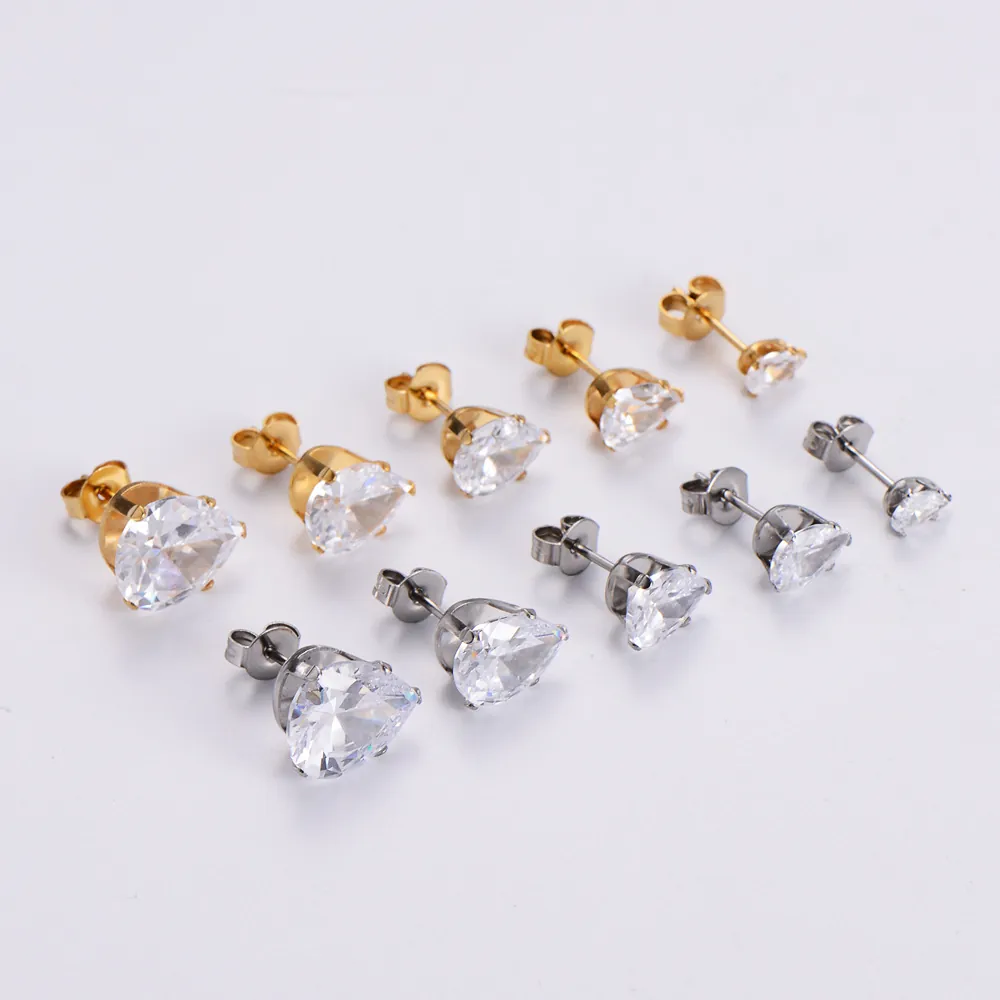 Pear Water Drop Stud Earrings 18K Gold Plated 316L Stainless Steel Cubic Zirconia Hypoallergenic Piercing Jewelry
