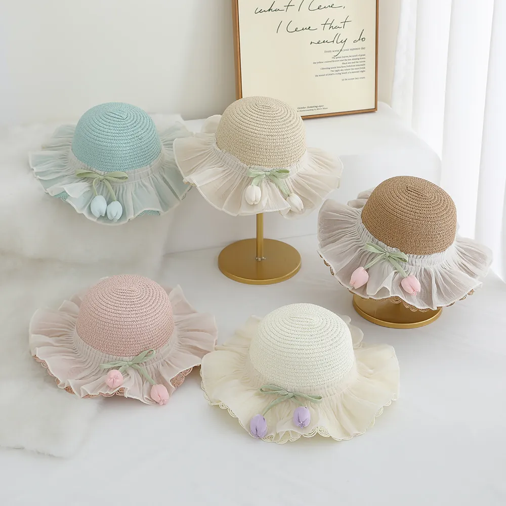 Kids Straw Sun Hat And Matching Bag Wide Brim Lace Mesh Tulip Flower Ribbon Bow Sweet Pastoral Toddler Girls