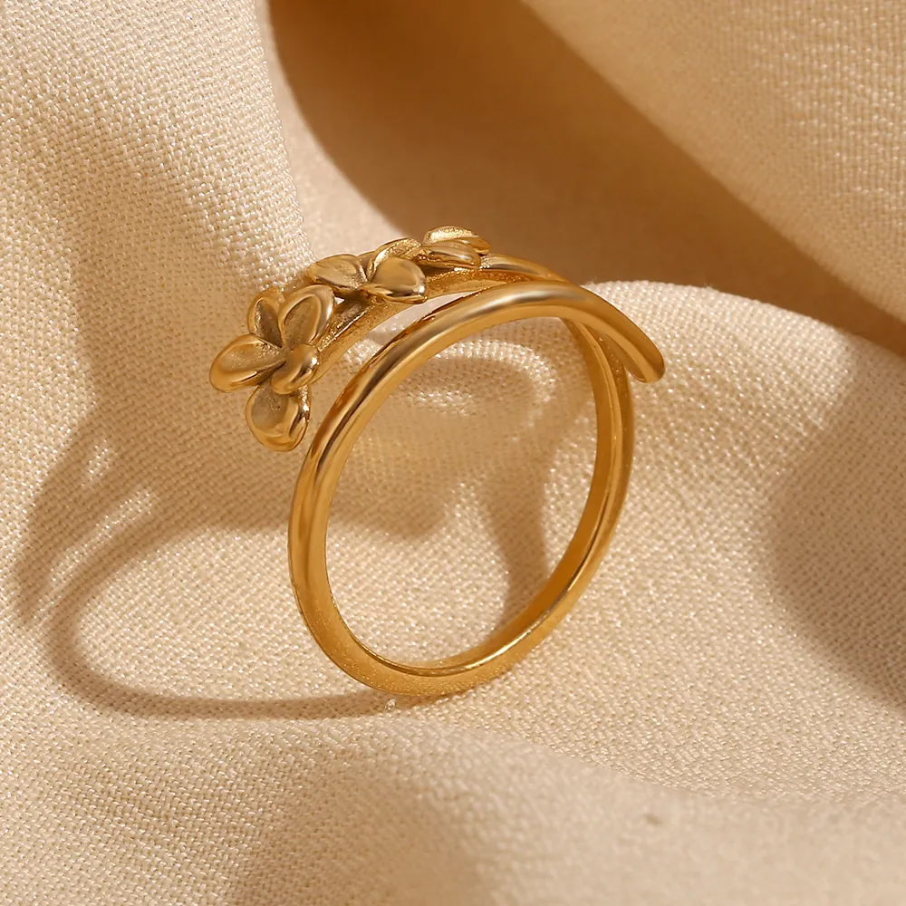 Fashion Stainless Steel 18K Gold Plated Double Layer Three Flower Open Ring Minimalist Adjustable Jewelry For Women