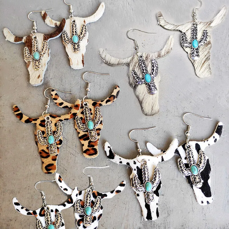 Western Cow Skull Dangle Earrings Cowhide Leather Leopard Print Cactus Turquoise Alloy Bohemian Vintage Jewelry For Women