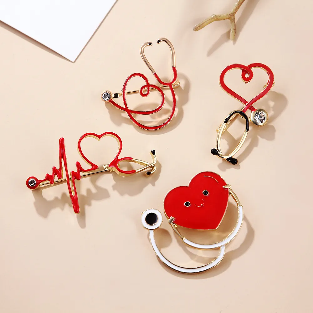 Broche Stéthoscope Coeur ECG Épingle Alliage Émail Strass Thème Médical Cadeau Pour Docteur Infirmière Accessoire Créatif
