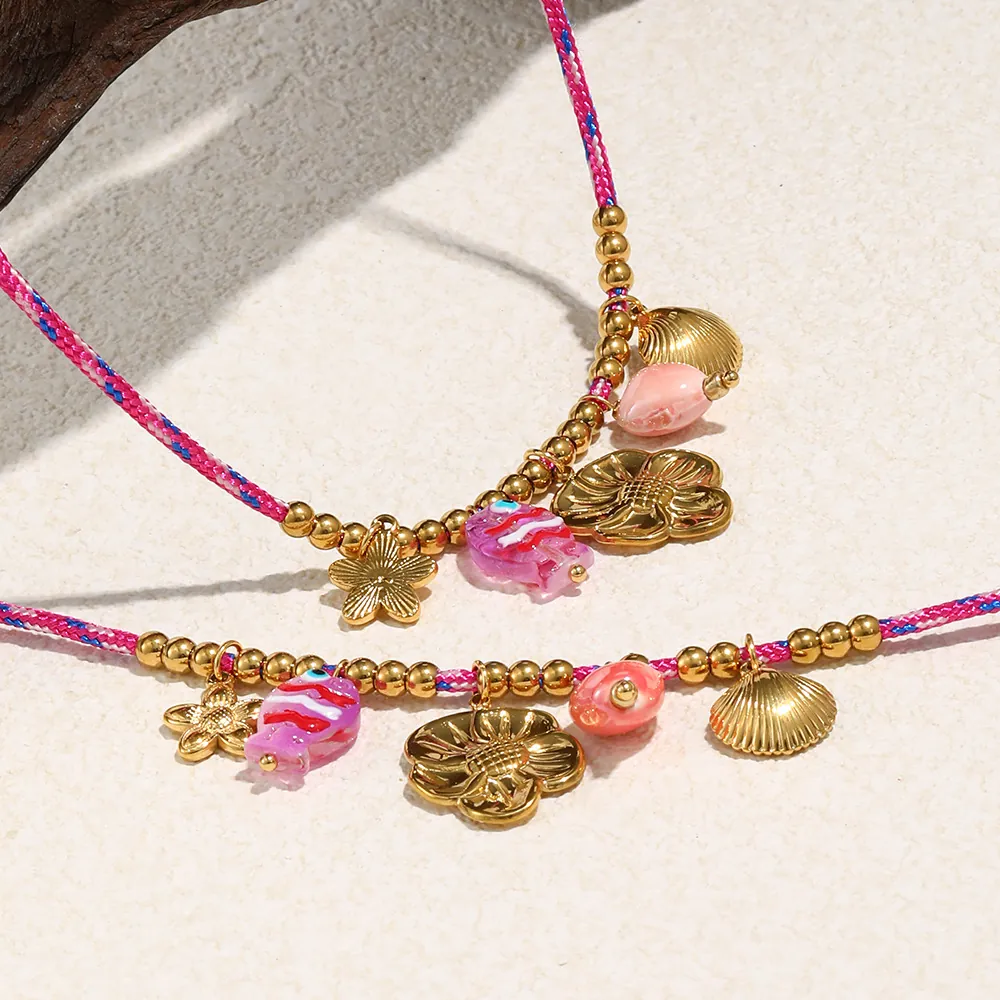 Collier Bracelet À Charmes Coquillage Fleur Poisson Bohème Acier Inoxydable Plaqué Or 18K Corde Tissée Bijoux Femmes