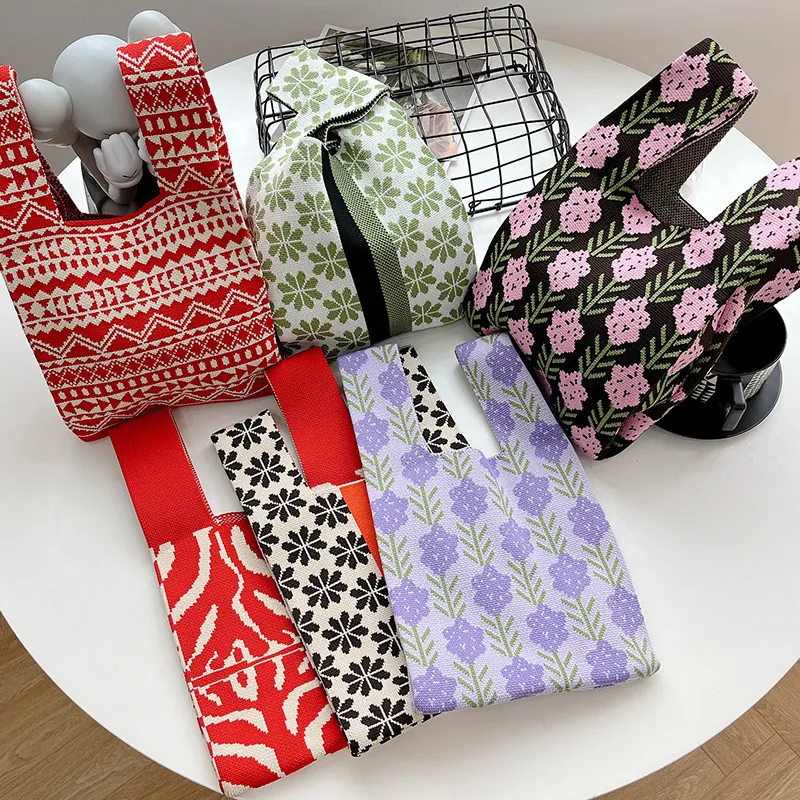 Women Fashion Knitted Handbag Floral Stripe Contrast Color Large Capacity Portable Wrist Bag Polyester
