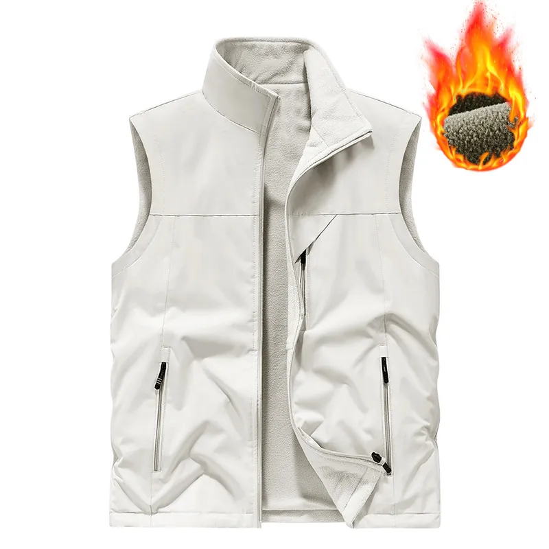 Mens Fleecegefütterte Wendeweste Stehkragen Mehrfachtaschen Outdoor Taktische Angelweste