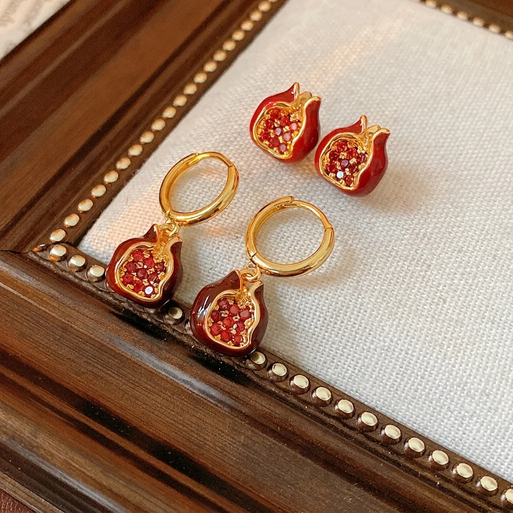 Granatapfel Geformte Vintage Ohrstecker Rote Emaille Zirkon Vergoldetes Kupfer Mit Silbernem Ohrringstift