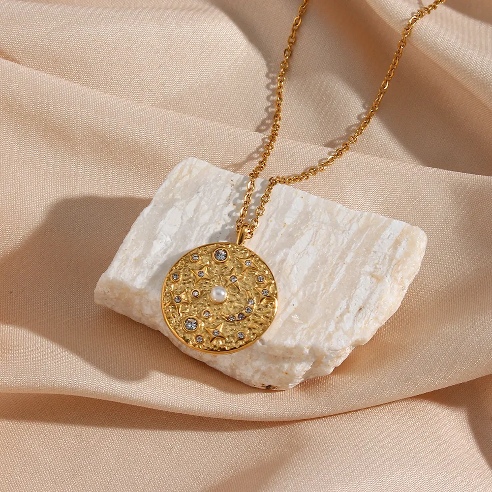 Collana Con Ciondolo A Moneta Rotonda In Acciaio Inossidabile Con Zirconia Perla Artificial Stella Luna Gioielli Donna Moda Vintage Oro