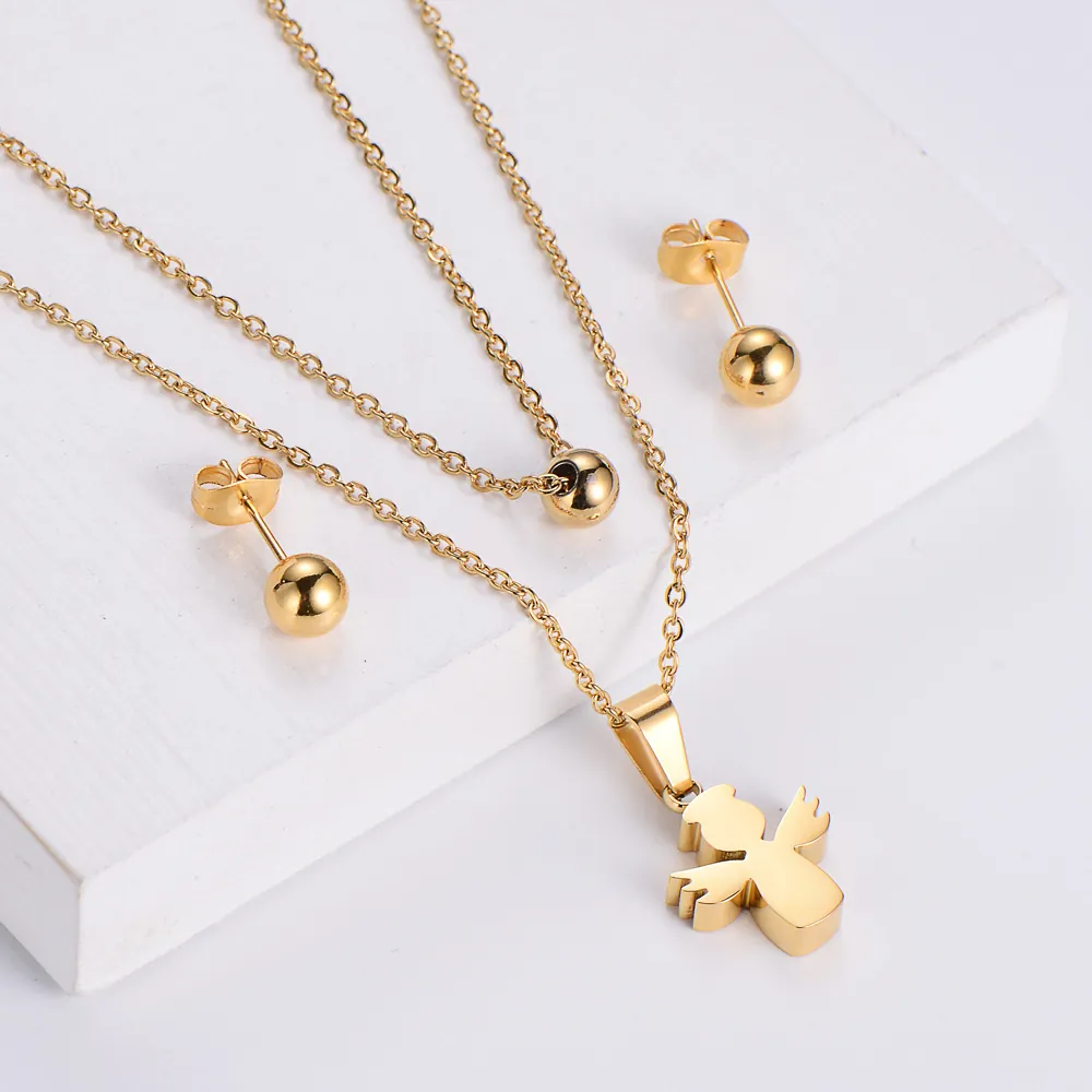 Collier Double Couche Pendentif Ange Boucles D'oreilles Boule Ronde Acier Titane Bijoux Mode Minimaliste Cadeau Élégant Femmes