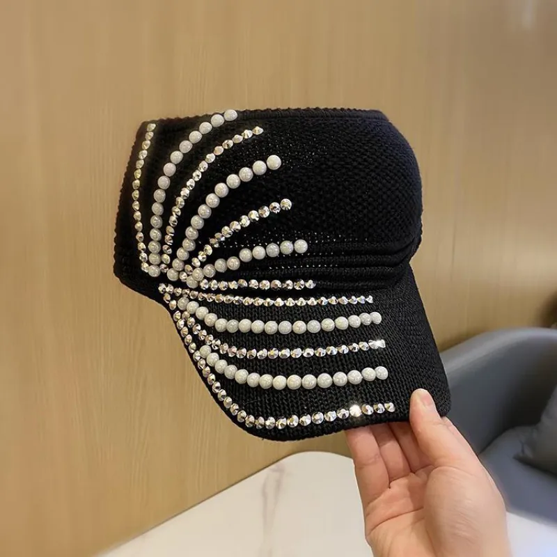 Knitted Visor Hut Für Damen Mit Künstlichen Künstliche Perlen Strass Dekoration Oben Offen Atmungsaktive Sommer Sonnenkappe