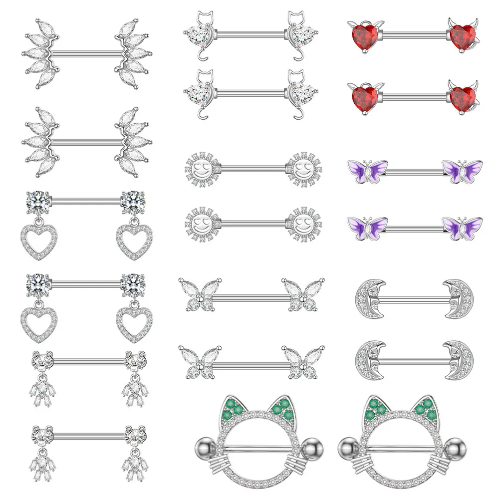 Piercing Capezzolo In Acciaio Inossidabile Cuore Farfalla Gatto Luna Zircone Intarsiato Barbell Gioielli Per Il Corpo Donna