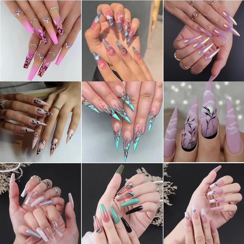 Long Coffin Stiletto Press On Nails Artificial False Fingernails Glue On Full Cover Butterfly Design Manicure For Women