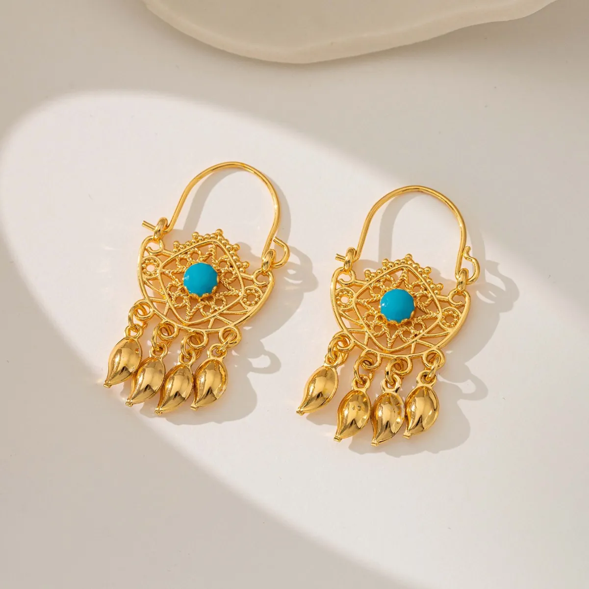 18K Gold Plated Vintage Bohemian Turquoise Inlaid Semicircle Filigree Tassel Dangle Earrings For Women Ethnic Jewelry Gift