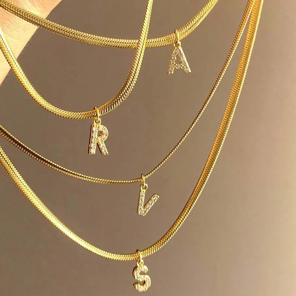 Alphabet Pendant Necklace 18K Gold Plated Stainless Steel Herringbone Snake Chain Zircon Inlaid French Vintage Style For Women