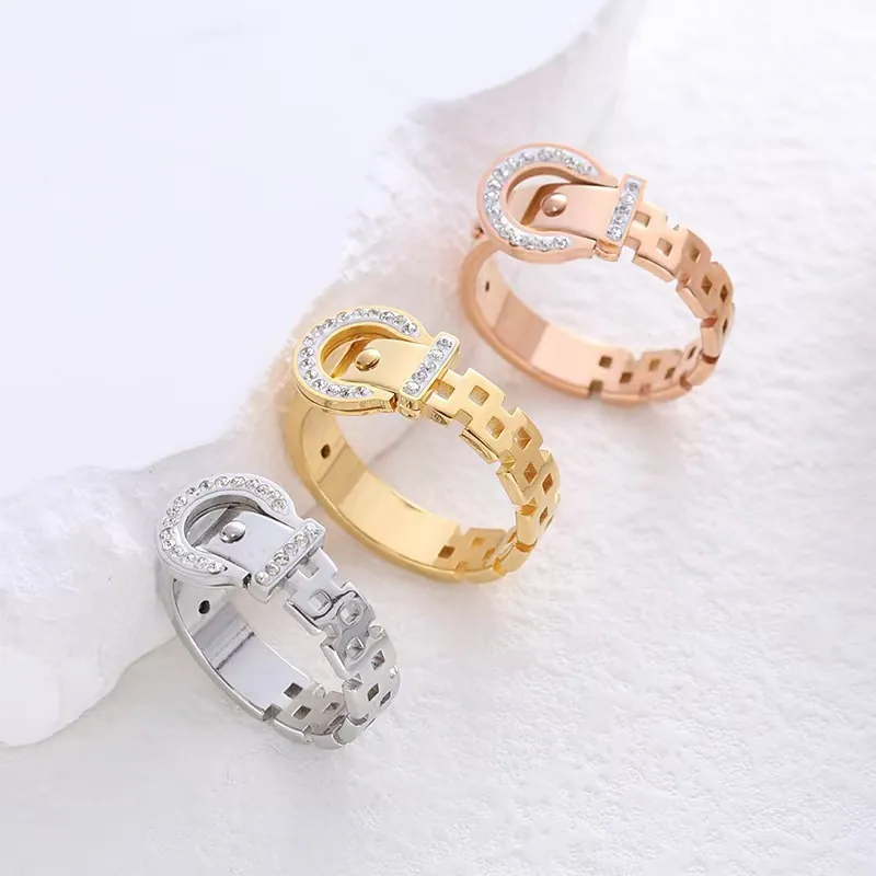 Stainless Steel Belt Buckle Ring For Women Hollow Geometric Band Rhinestone Inlaid Fashion Elegant Jewelry