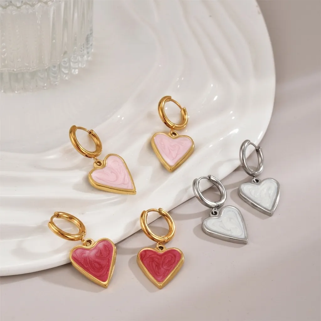 Heart Pendant Hoop Earrings Stainless Steel Drip Oil Enamel Marble Texture Minimalist Sweet Style Fashion Accessories