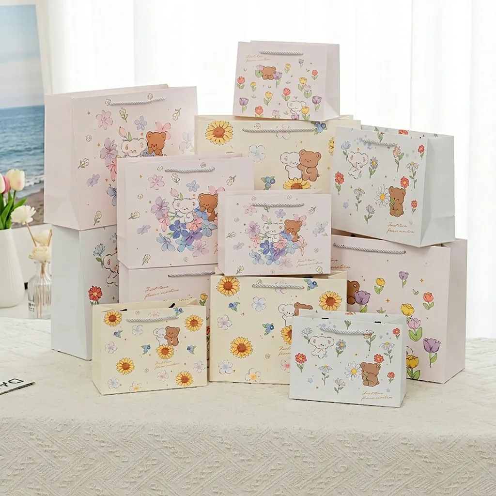 Cartoon Bear Flower Gift Bags Thickened Paper Handbags With Handle For Kids Birthday Party Cute Kawaii Shopping Bags