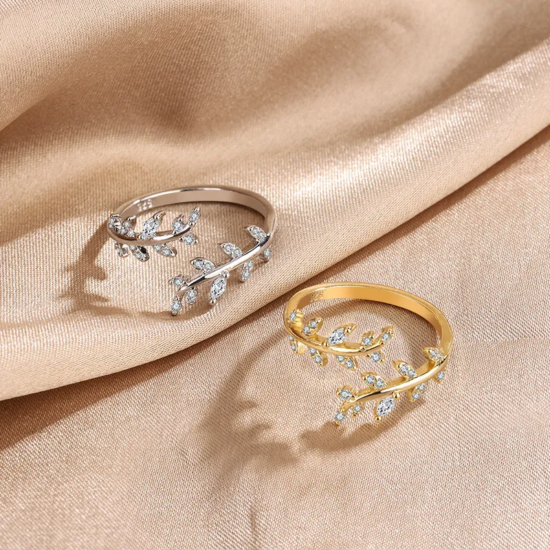 Leaf Branch Adjustable Open Ring Copper With Rhinestone Inlaid Minimalist Fashion Jewelry For Women