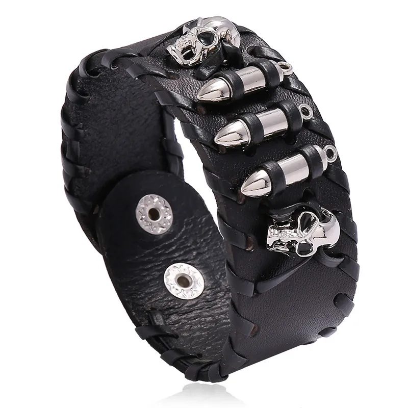 Punk Cowhide Leather Bracelet Alloy Skull Bullet Studs Woven Wide Wristband Gothic Biker Style For Men And Women