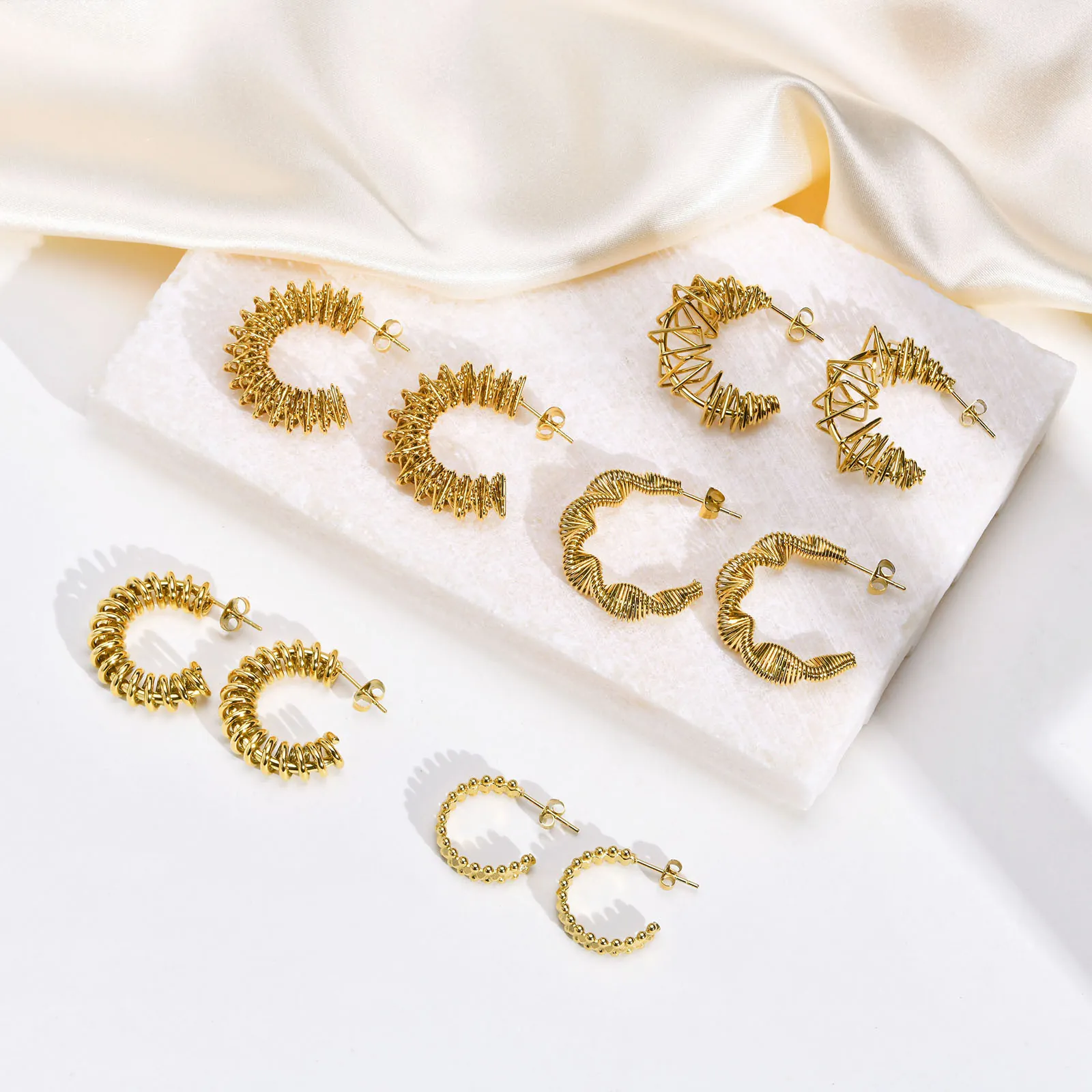 Stainless Steel C-Shaped Hoop Earrings IP Gold Plated Twisted Wire Wrapped Textured Retro Fashion For Women
