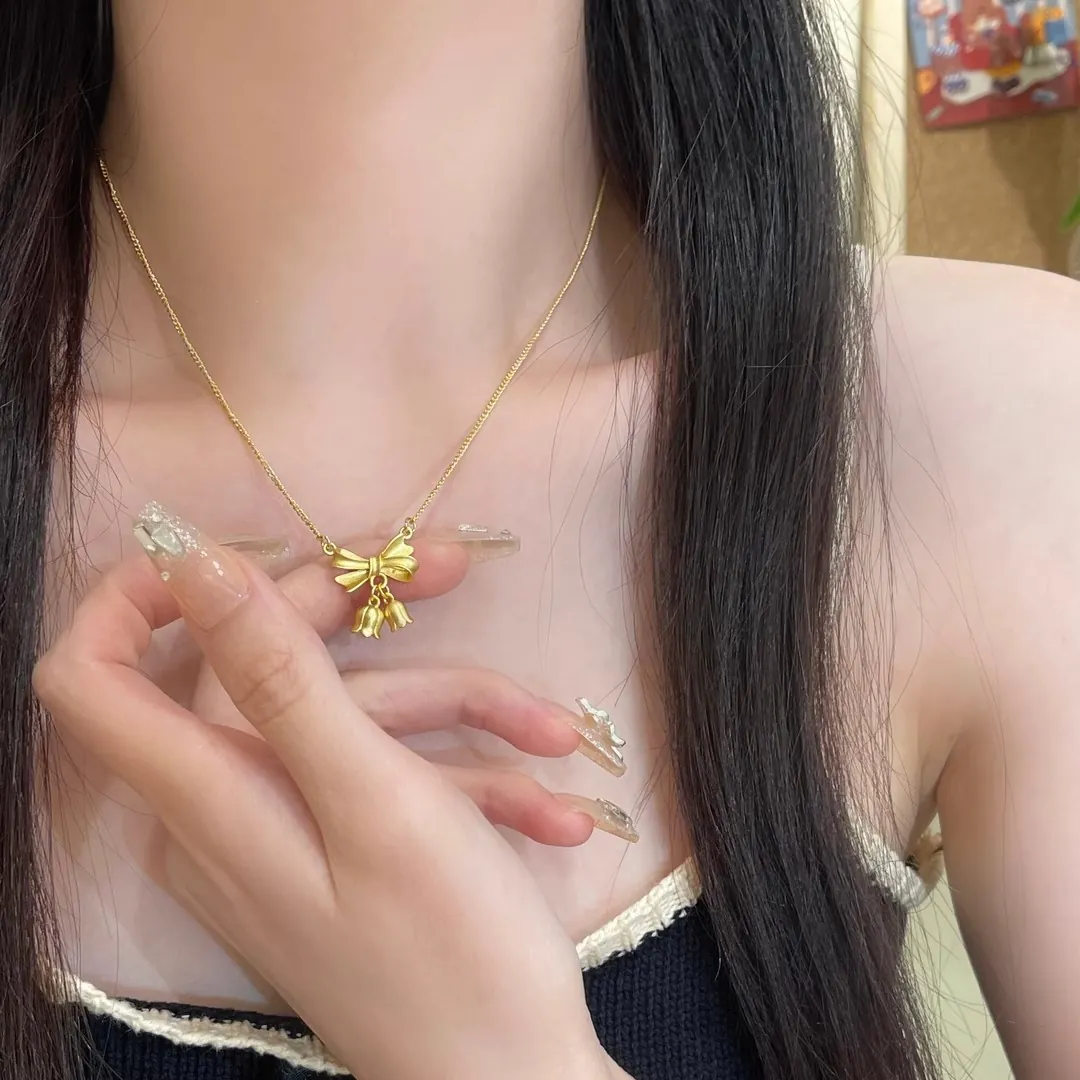 French Style Bow Lily Of The Valley Pendant Necklace Women Titanium Steel Gold Plated Elegant Flower Charm Choker Jewelry