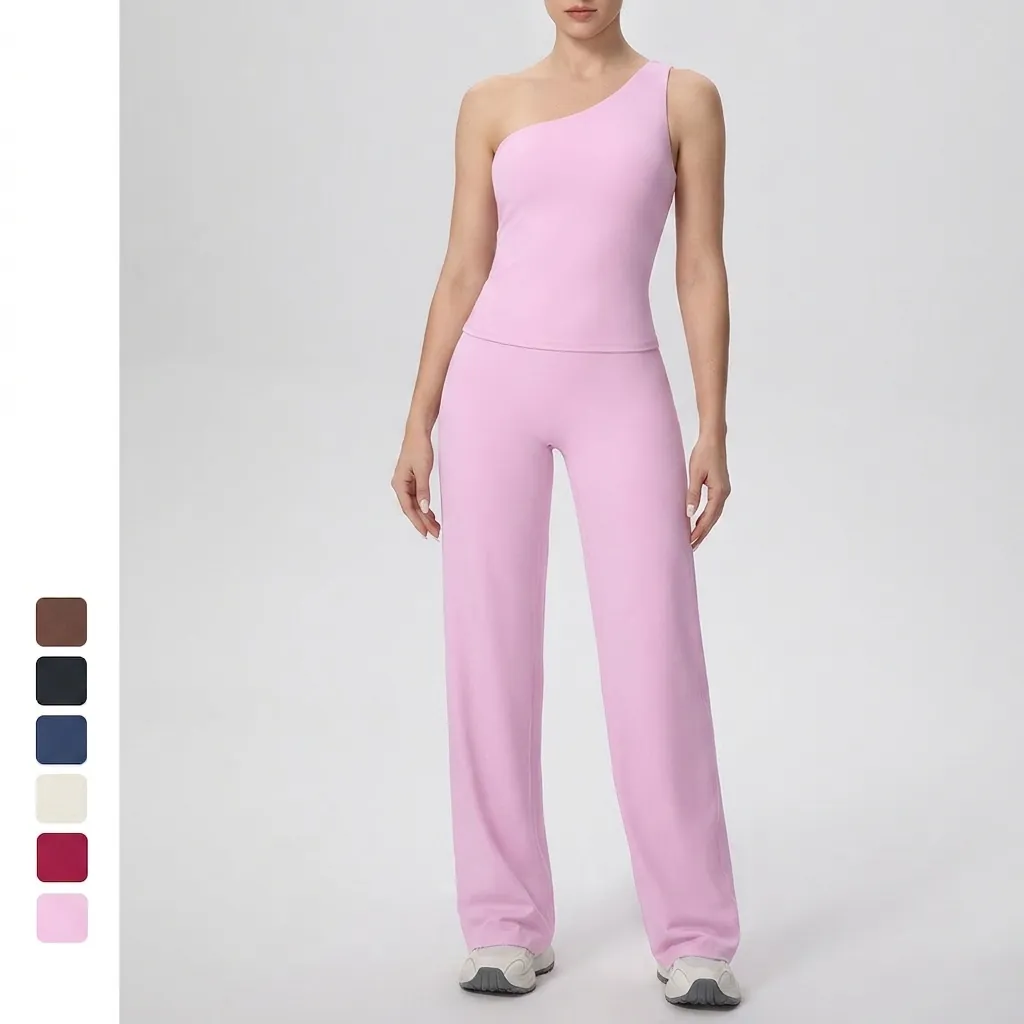 Haut De Yoga Une Epaule Et Pantalon Large Taille Haute Nylon Spandex Sechage Rapide Fitness Tenue De Sport Pour Femmes