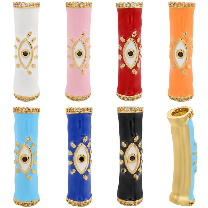 Perle A Tubo Curvo Malocchio Ottone Placcato Oro 18K Smalto Micro Pave Zirconia DIY Bracciale Collana Accessori