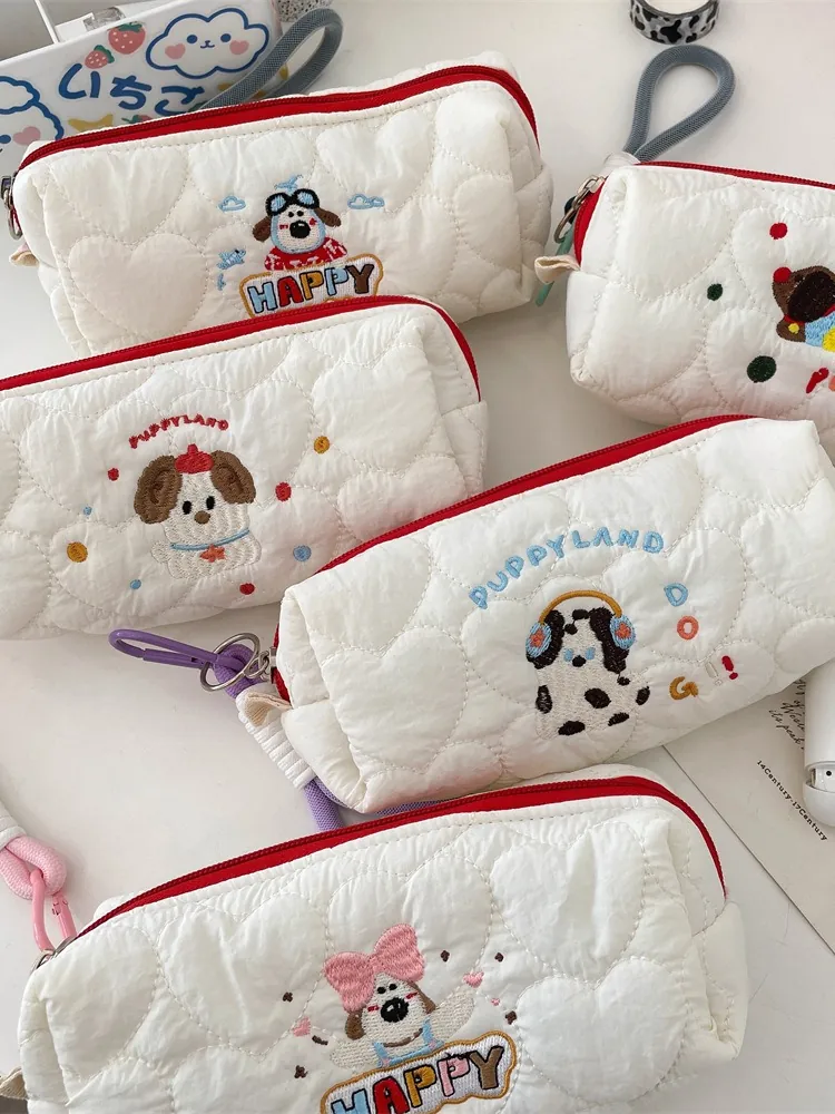 Quilted Heart Pattern Pencil Case Cartoon Dog Embroidered Cosmetic Bag Large Capacity Portable Stationery Pouch For Girls