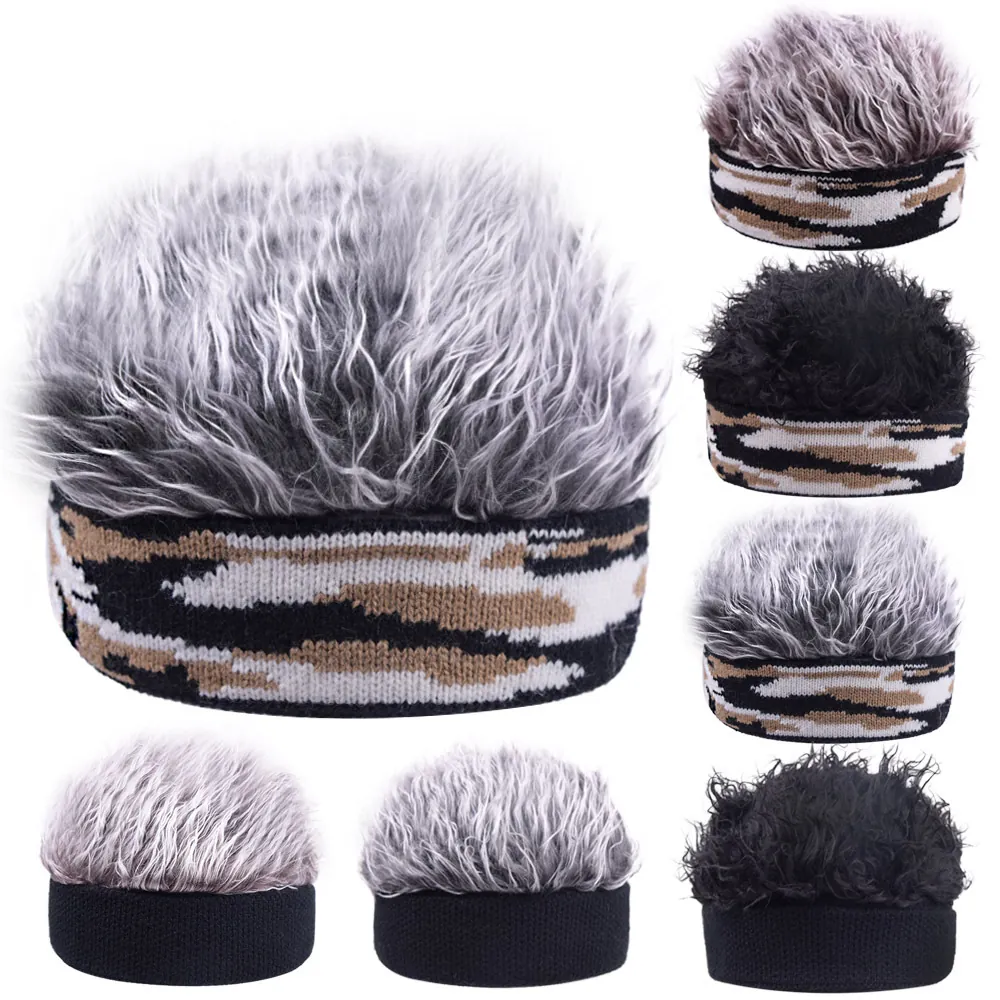 Bonnet Docker Fantaisie avec Perruque Cheveux Synthétiques Rigolo Tricot Camouflage Couleur Unie Hiver Chaud Fête Unisexe