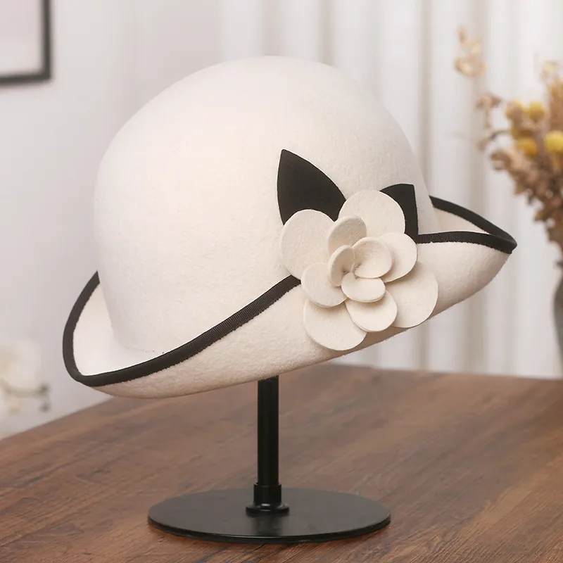 Women Elegant Wool Felt Cloche Hat Retro French Style Dress Hat With 3D Camellia Flower And Contrast Piping Decor