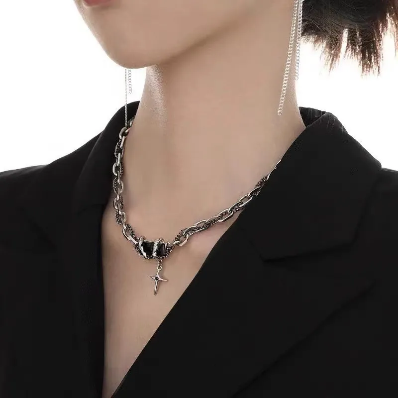 Double Layer Necklace Titanium Steel Black Zircon Cross Pendant Hip Hop Punk Clavicle Chain Jewelry For Men Women